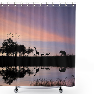 Personality  Safari In Africa Silhouette Of Wild Animals Reflection In Water Shower Curtains