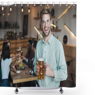 Personality   Handsome Young Man Holding Mug Of Light Beer And Smiling At Camera Shower Curtains