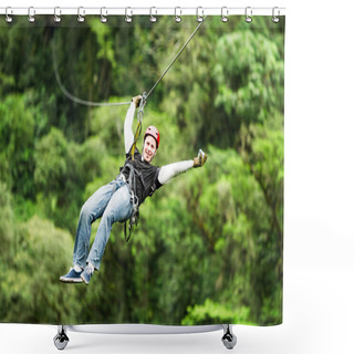 Personality  Adult Man On Zip Line Against Blurred Forest Shower Curtains
