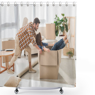 Personality  Side View Of Couple Having Fun With Cardboard Box At New House, Moving Home Concept Shower Curtains