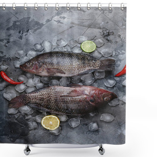Personality  Top View Of Fresh Raw Sea Fish On Ice Cubes With Slices Of Lime And Lemon And Chili Peppers On Grey  Shower Curtains