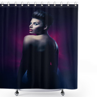 Personality  Sexy Brunette Woman With Red Lips In Dark Magenta Light Shower Curtains
