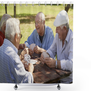 Personality  Active Seniors, Group Of Old Friends Playing Cards At Park Shower Curtains
