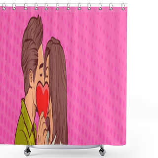 Personality  Couple In Love Kissing Hollding Heart Shape Over Retro Pop Art Background With Copy Space Horizontal Banner Shower Curtains