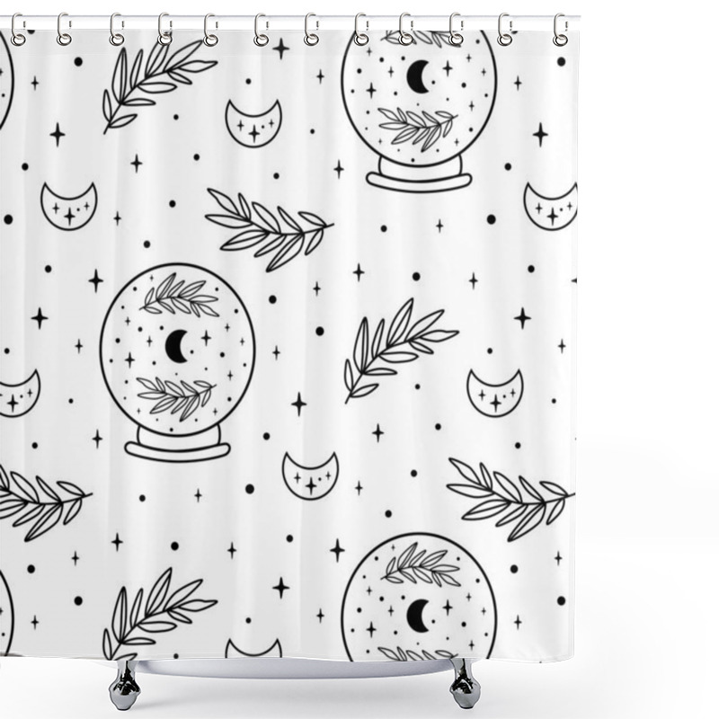 Personality  Crystal Ball Pattern. Celestial Moon, Floral Branch, Stars Seamless Pattern. Black And White Coloring Page. Hand Drawn Vector Illustration. Witchcraft Background Gothic Mystic Future Telling Halloween Shower Curtains