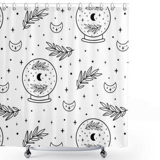 Personality  Crystal Ball Pattern. Celestial Moon, Floral Branch, Stars Seamless Pattern. Black And White Coloring Page. Hand Drawn Vector Illustration. Witchcraft Background Gothic Mystic Future Telling Halloween Shower Curtains
