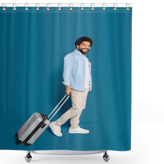 Personality  Cheerful Man Walking With A Suitcase In Hand, Suggests Themes Of Travel, Adventure, And The Joy Of New Experiences. The Blue Backdrop Offers A Clear Space For Travel Agencies Or Holiday Promotions Shower Curtains