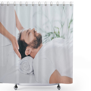 Personality  Cropped Shot Of Man With Closed Eyes Receiving Reiki Treatment Shower Curtains