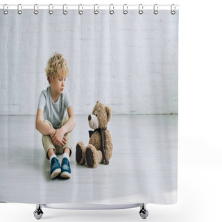 Personality  Sad Preteen Boy With Teddy Bear Sitting On Floor Shower Curtains