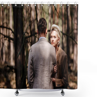 Personality  Stylish Couple In Formal Wear Standing In Forest Shower Curtains