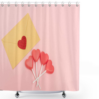 Personality  Top View Of Heart Shaped Lollipops And Envelope With Heart On Pink Background Shower Curtains