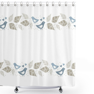 Personality  Little Blue Birds In Love With Hearts Dots And Leaves Seamless Double Horizontal Border Isolated On White Shower Curtains