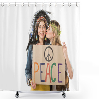 Personality  Two Bisexual Hippie Girls In Indian Headdress And Wreath Holding Placard With Inscription And Kissing Isolated On White Shower Curtains