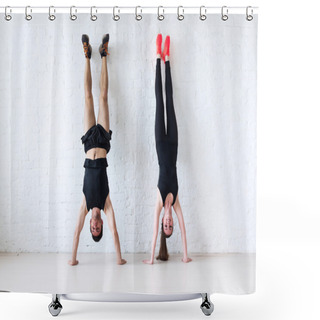 Personality  Sportsmen Woman And Man Doing A Handstand Against Wall Concept Balance Sport Fitness Lifestyle People Shower Curtains
