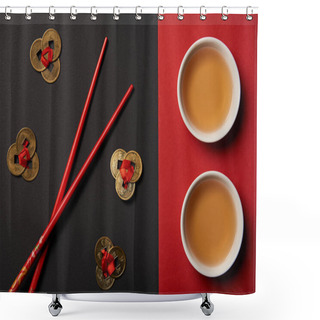 Personality  Top View Of Chopsticks With Traditional Chinese Tea And Feng Shui Coins On Red And Black Background Shower Curtains
