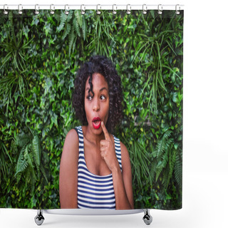 Personality  A Portrait Of A Black Woman Standing Against Green Background Of Bush Leaves. Shower Curtains