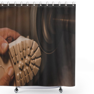 Personality  Cropped View Of Cobbler Polishing Shoe Sole On Grinding Machine Shower Curtains