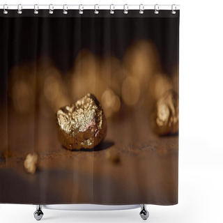 Personality  Selective Focus Of Golden Stone On Brown And Grey Marble Blurred Background Shower Curtains
