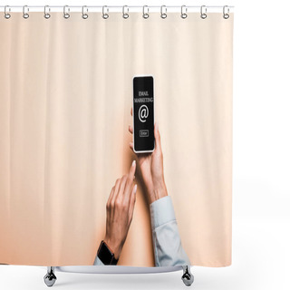 Personality  Cropped View Of Woman Pointing With Finger At Smartphone With Email Marketing Lettering On Pink  Shower Curtains