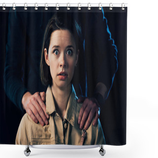 Personality  Cropped View Of Criminal Attacking Scared Woman Isolated On Black Shower Curtains