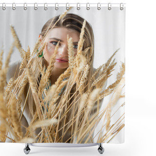 Personality  Young Woman Looking At Camera Through Spikelets Of Wheat On Blurred Foreground  Shower Curtains