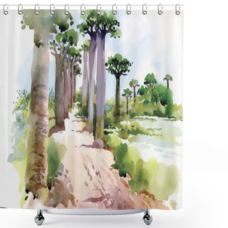 Personality  Watercolor Painting Of Summer Landscape Park Way With Trees Vector Illustration Shower Curtains
