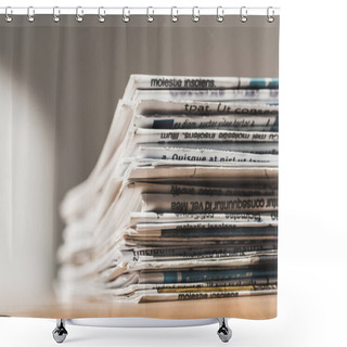 Personality  Selective Focus Of Different Print Newspapers In Pile On Wooden Table  Shower Curtains