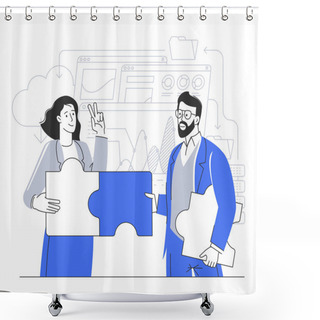 Personality  Flat Design Vector Business Concept. People Connecting Puzzle Elements. Symbol Of Teamwork, Cooperation, Partnership. Shower Curtains