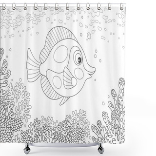 Personality  Black And White Vector Illustration Of An Exotic Butterfly Fish Swimming Over A Corals On A Reef In A Tropical Sea Shower Curtains