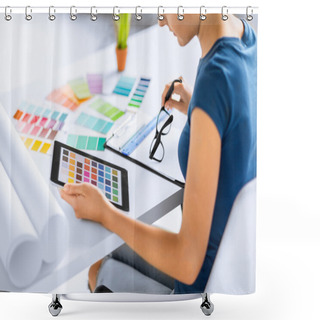 Personality  Woman Working With Color Samples For Selection Shower Curtains