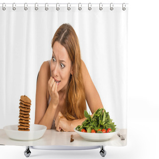 Personality  Woman Deciding Whether To Eat Healthy Food Or Sweet Cookies Shower Curtains