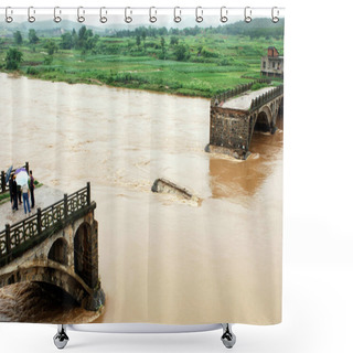 Personality  View Of The Broken Xinsun Bridge Which Was Destroyed By Floods In Lanshan County, Yongzhou City, East Central Chinas Hunan Province 7 June 2007 Shower Curtains