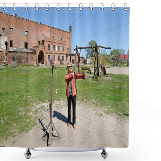 Personality  A Woman Shoots Archery On The Grounds Of Shaaken Castle. Kaliningrad Region Shower Curtains