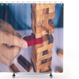 Personality  Planning With Finance And Investment For Strategy Of Business, Stability And Risk, Instability For Economy Or Career, Analysis Of Choice, Hand Of Businessman Pulling Block Wood, Business Concepts. Shower Curtains