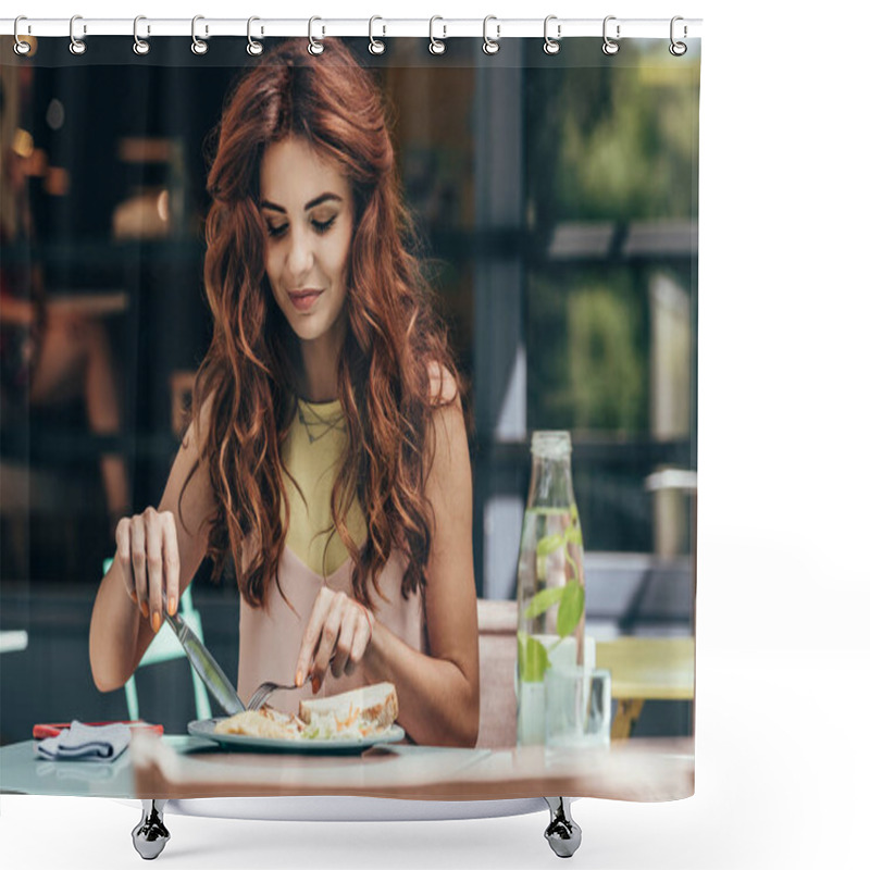 Personality  Portrait Of Young Woman Having Lunch Alone In Restaurant Shower Curtains