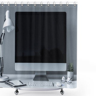 Personality  Working Place With Table Lamp And Plant Shower Curtains
