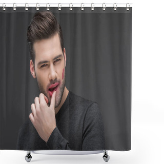 Personality  Handsome Sexy Man With Kiss Print On Cheek, Isolated On Grey Shower Curtains