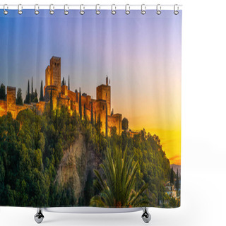 Personality  Granada, Spain. October 17th, 2020. View At Sunset From Below Of The Buildings And Towers Of The Alhambra Illuminated By Artificial Lights. Shower Curtains
