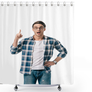 Personality  Surprised Handsome Man Pointing On Something Isolated On White Shower Curtains