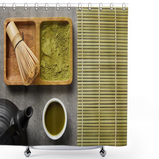 Personality  Top View Of Bamboo Whisk With Matcha Powder In Wooden Bowl Near White Cup, Black Teapot And Table Mat Shower Curtains