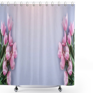 Personality  Bouquet Of Pink Tulips Flowers Over Light Blue Background. Greeting Card Or Wedding Invitation. Flat Lay, Top View, Copy Space. Wide Composition Shower Curtains