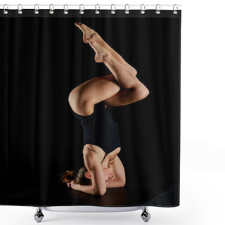 Personality  Woman With Barefoot Doing Eagle Legs Handstand Exercise Isolated On Black  Shower Curtains