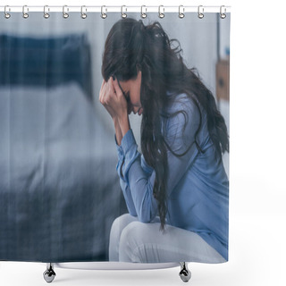 Personality  Selective Focus Of Woman Sitting And Covering Face With Hands While Crying At Home With Copy Space Shower Curtains