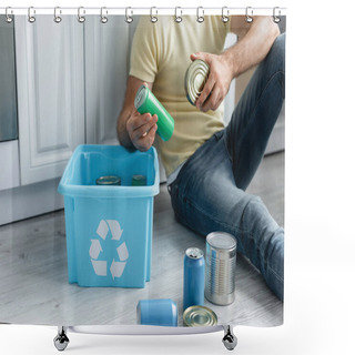 Personality  Cropped View Of Man Holding Tin Cans Near Box With Recycle Sign In Kitchen  Shower Curtains