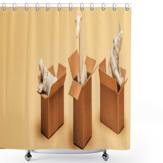 Personality  Panoramic Shot Of Toy Hippopotamus, Rhinoceros And Giraffe In Cardboard Boxes On Yellow Background, Animal Welfare Concept Shower Curtains