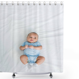 Personality  Top View Of Adorable Little Child Lying On Bed Shower Curtains