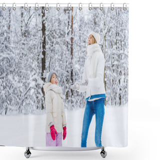 Personality  Beautiful Happy Mother And Daughter Looking Up While Playing Together In Winter Park  Shower Curtains
