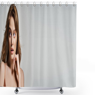Personality  Surprised Woman With Peachy Makeup, Looking Away, Hands Near Face On Grey Background, Banner Shower Curtains