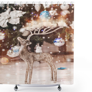 Personality  Christmas Deer And Christmas Tree Background With Decorations, Snow, Blurred, Sparking, Glowing. Happy New Year And Xmas Theme. Shower Curtains