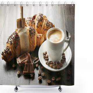 Personality  Fresh And Tasty Croissants With Chocolate And Cup Of Coffee On Wooden Background Shower Curtains